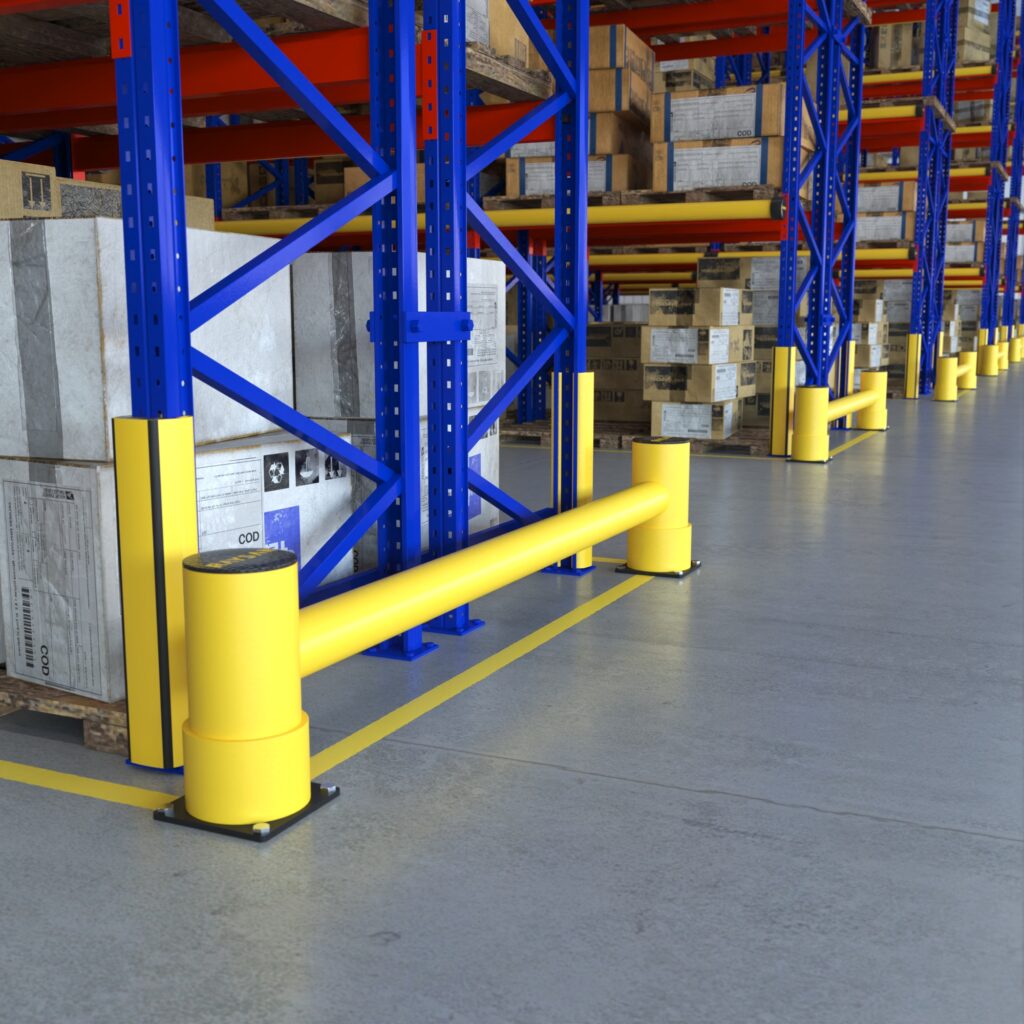 Kunststof aanrijdbeveiliging voor stellingen in magazijn geplaatst