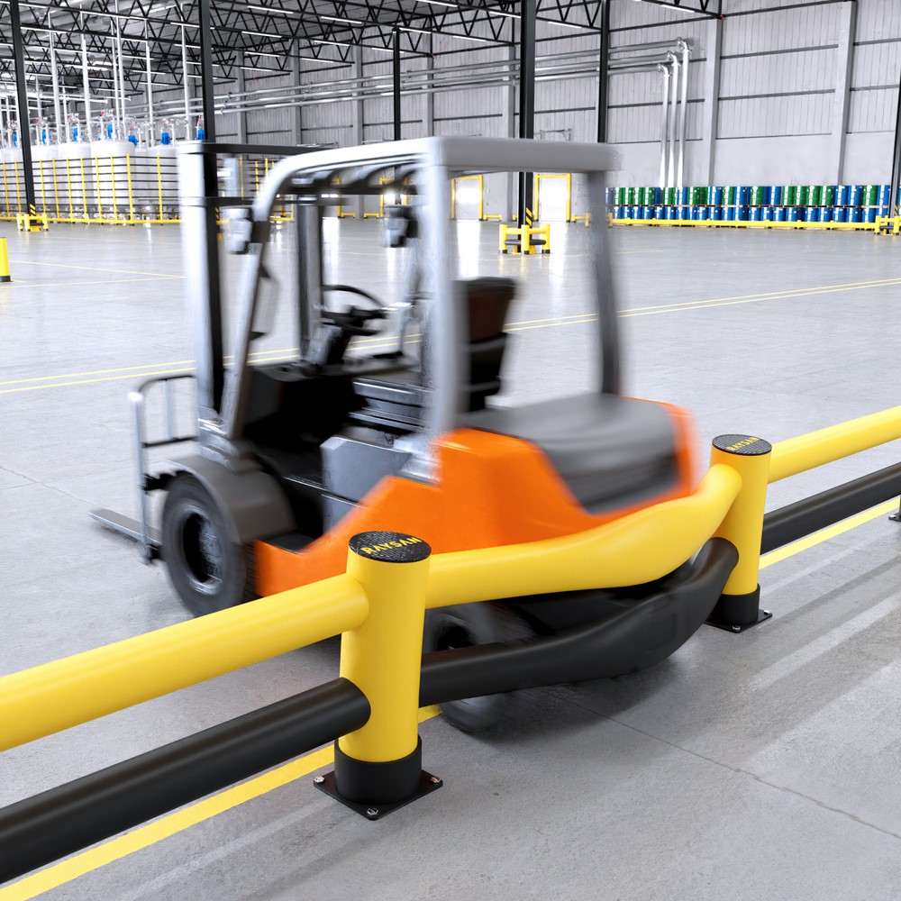 Kunststof vangrail als aanrijdbeveiliging op bedrijfsterrein geplaatst